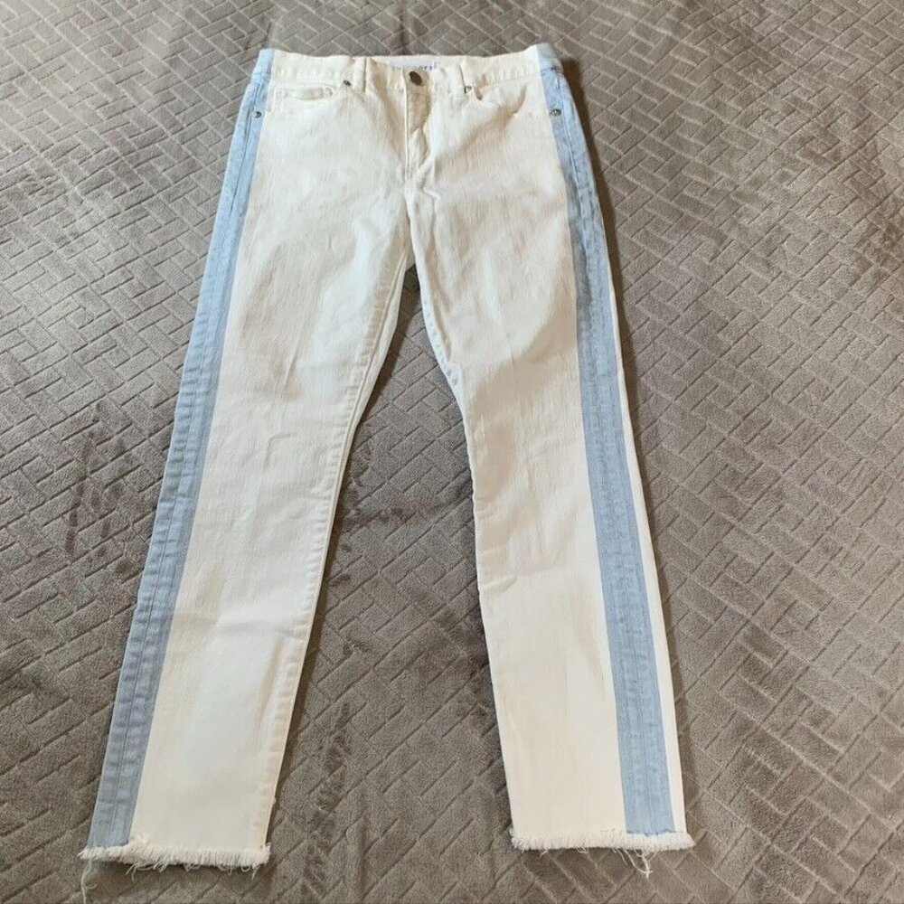 Loft Womens 27 Denim Jeans White Blue Stripe Skinny Crop Fray Mid Rise Stretch